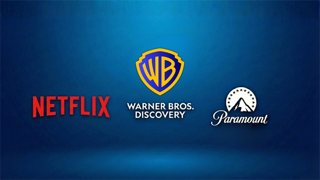 Netflix, Warner Bros., and Paramount logos dramatically presented against a plain background.