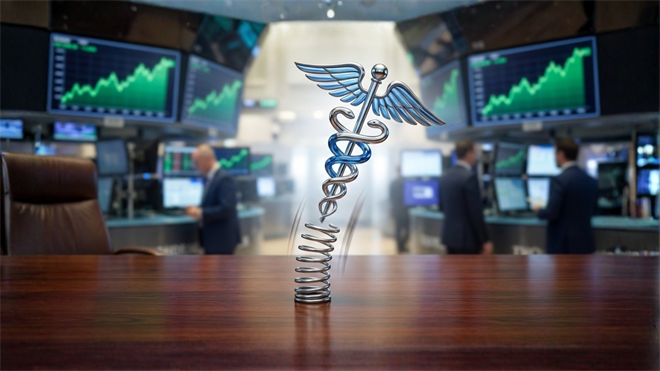 Caduceus symbol on trading floor with rising stock charts, highlighting healthcare stocks and market momentum.