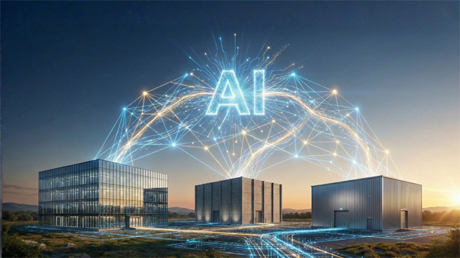 AI cloud infrastructure linking multiple data centers with glowing network connections, illustrating cross-cloud AI growth and integration.