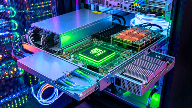 Server rack with an exposed NVIDIA-branded accelerator board and cooling components inside a data center.