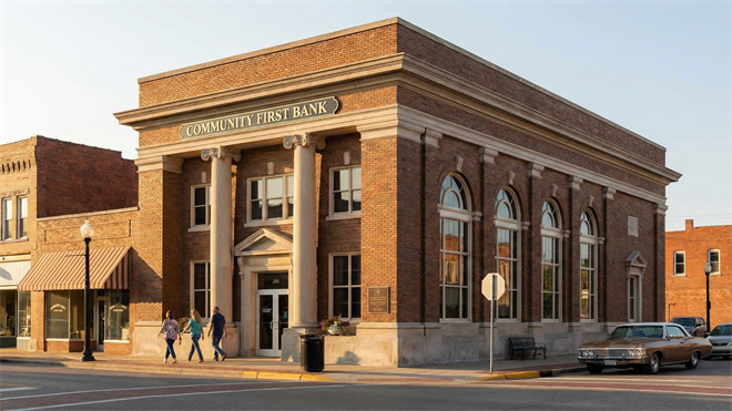 Small-town brick community bank building, symbolizing U.S. regional banks nearing a market breakout.