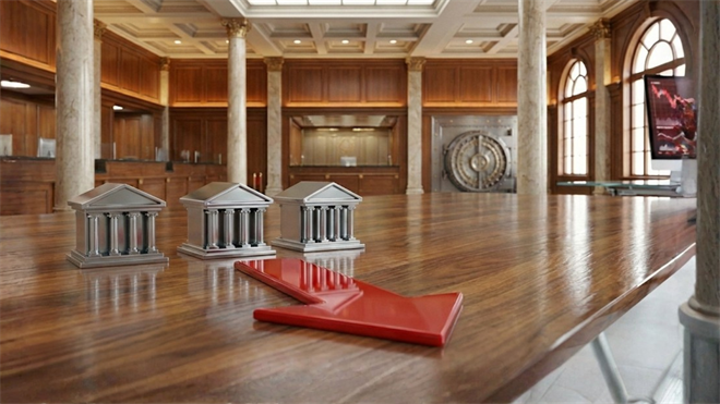 Red downward arrow beside bank icons inside a vault-like trading hall reflects declining bank stocks.
