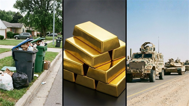 Waste bins, gold bars, and military vehicles, symbolizing three different defensive investments in case of ongoing market uncertainty. 