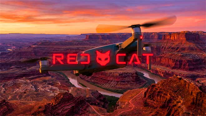 Red Cat military drone flying over rugged terrain highlights defense technology innovation.