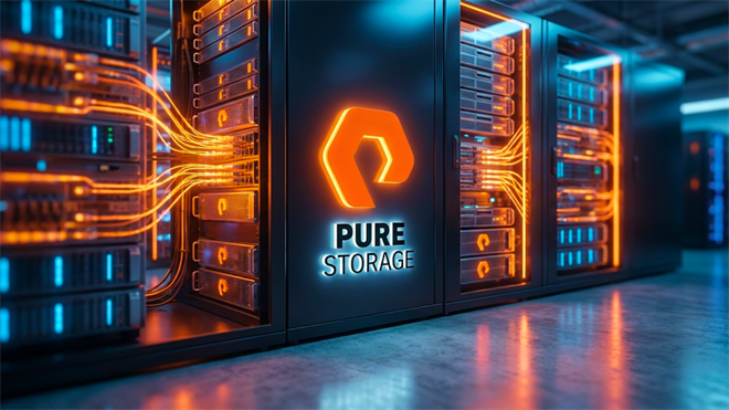 Pure Storage logo displayed on high-performance data center servers highlights enterprise storage demand.