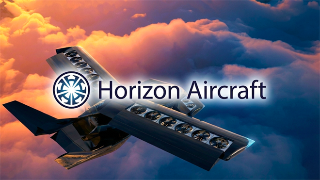 Horizon Aircraft logo over a hybrid eVTOL aircraft in flight highlights emerging electric aviation technology.