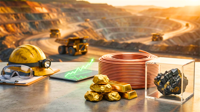 Mining scene with copper coil, gold bars, and ore samples on a worktable overlooking an open-pit mine.