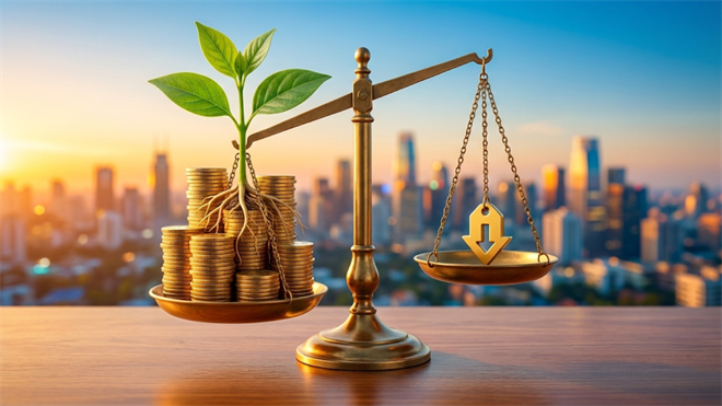 Scale balances coin stacks and down arrow over city skyline, symbolizing low P/E value stocks in focus.