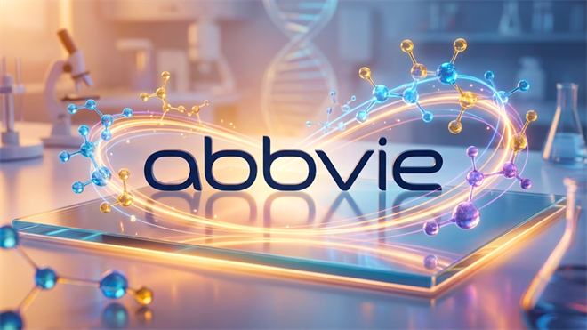 AbbVie logo amid lab molecules and DNA graphics, highlighting biotech drug pipeline and ABBV stock outlook.