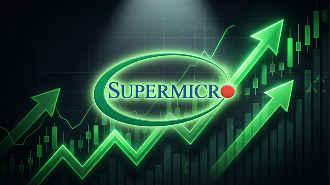 Super Micro Computer logo over green rising stock chart, signaling SMCI rally amid AI server demand.