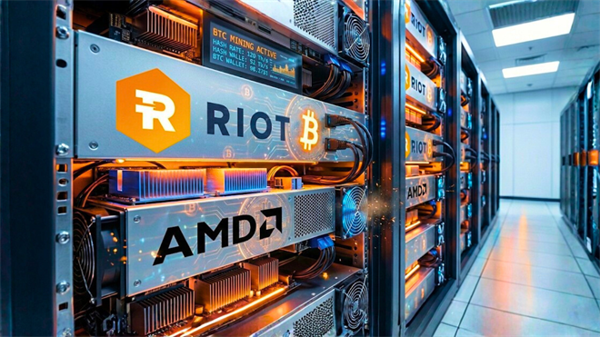 RIOT bitcoin mining servers with AMD hardware in data center, underscoring crypto miner stocks tied to BTC.