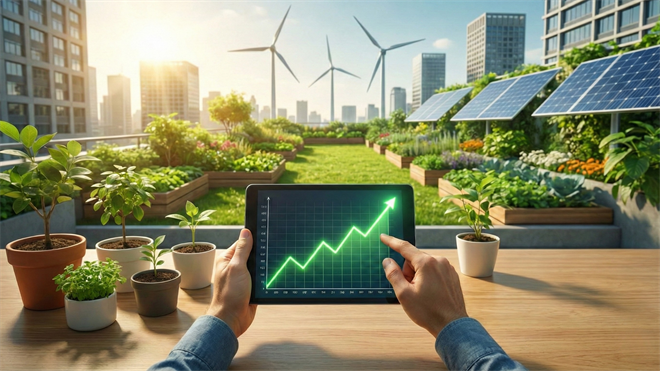 Hands hold tablet with rising market chart on green rooftop with solar panels and wind turbines.