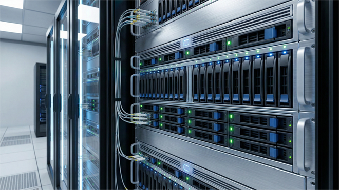 Data center storage servers with SSD/HDD drive bays glowing, symbolizing AI-driven memory demand.