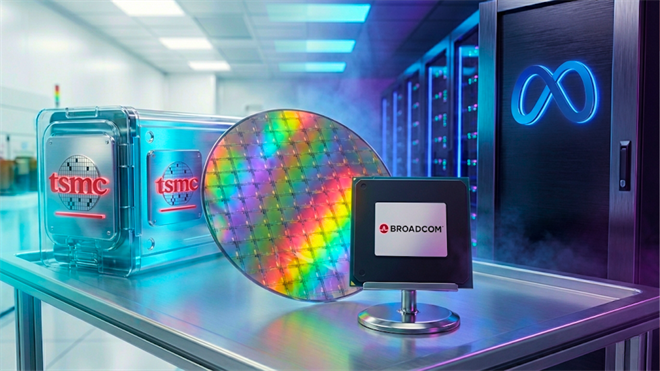 TSMC wafer and Broadcom chip beside Meta data center racks, highlighting AI semiconductor supply chain.