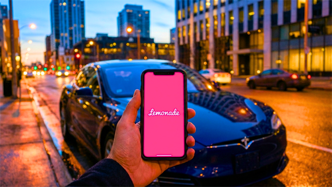 Lemonade app on phone in front of Tesla, highlighting digital auto insurance and LMND stock.