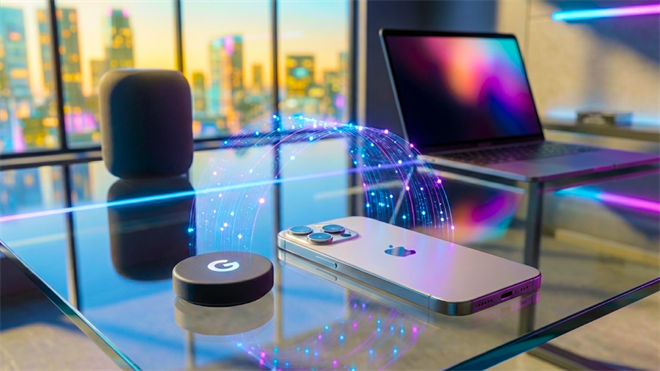 Apple iPhone and Google device on desk with data arc, highlighting big tech AI ecosystem stocks.