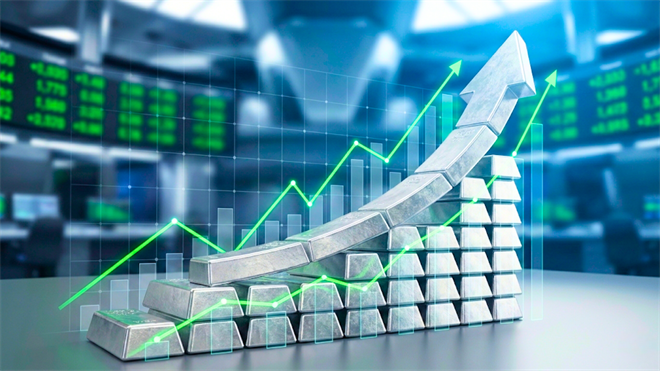 Stacked silver bars with rising arrow and chart, signaling silver price rally and metals market gains.