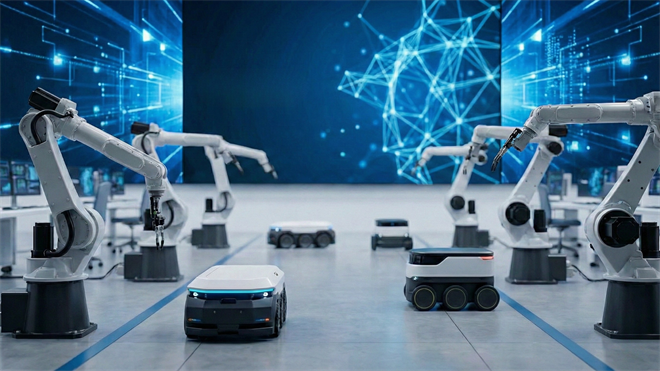 Robots and autonomous vehicles in a high-tech facility with a blue futuristic background.
