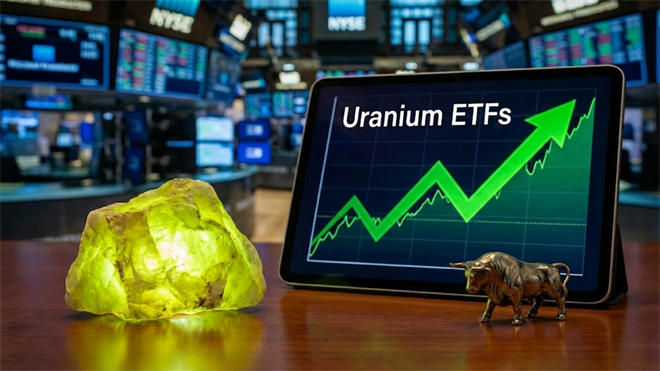 Uranium rock and “Uranium ETFs” chart on tablet at NYSE floor, signaling bullish uranium fund performance.