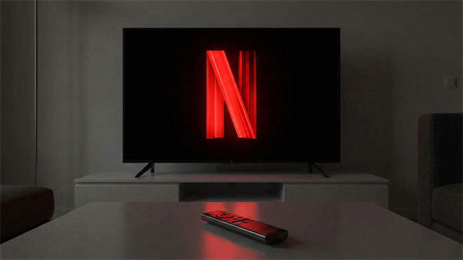 Dim living room TV displays Netflix logo, remote on table, hinting at NFLX post-earnings rebound.