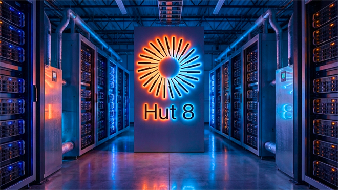 Hut 8 logo in a data center aisle, highlighting crypto mining and AI compute infrastructure tied to HUT stock.