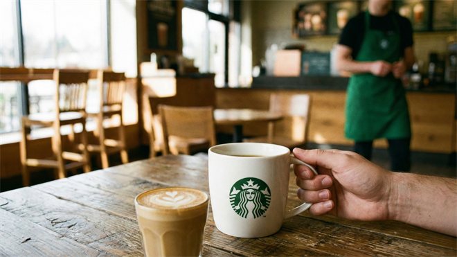 Hand holds Starbucks mug on café table beside latte art, with barista blurred in background.