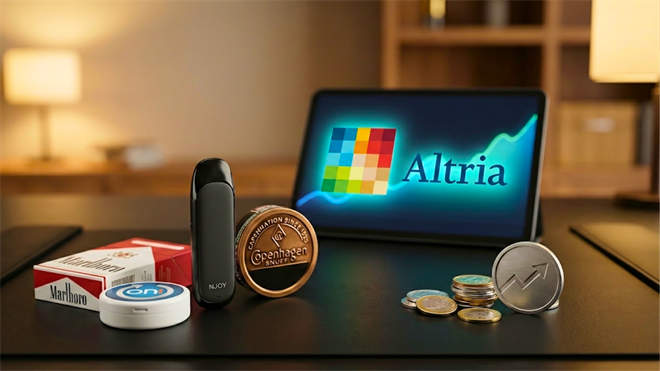 Altria products and coins on desk as a screen shows the stock rising.