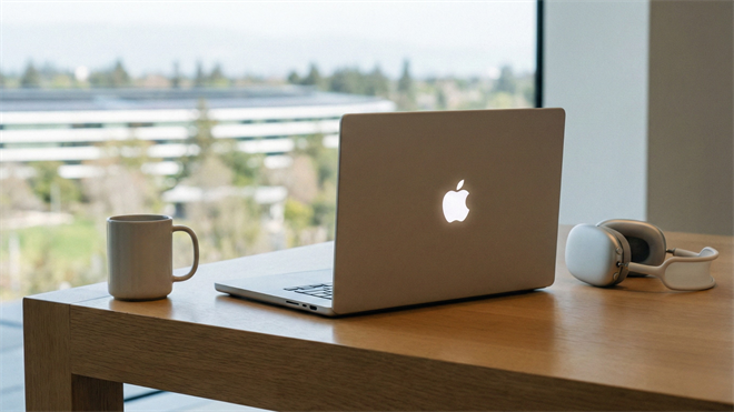 Macbook open on a table, positioned near other Apple products, representing a Apple device sales growth.