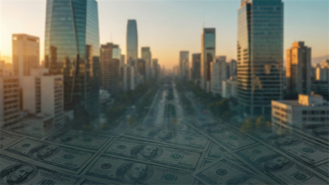 Sunlit skyline overlaid with U.S. dollar bills, symbolizing a weakening dollar boosting emerging markets.