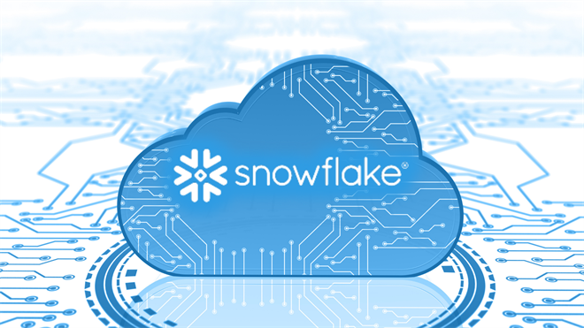 Snowflake logo inside a blue cloud over a circuit-board background, representing cloud data warehousing technology.
