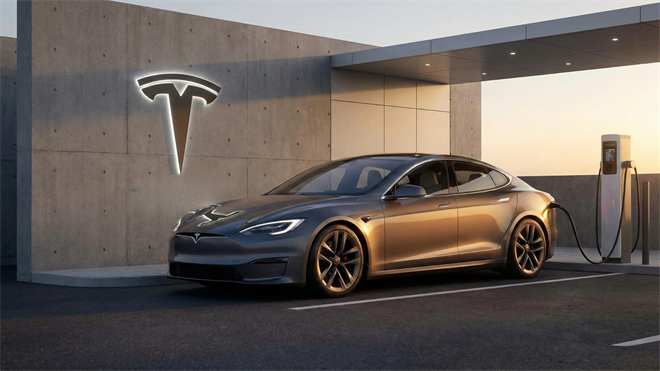 Tesla sedan charging by a lit Tesla logo at dusk, illustrating investor focus on Tesla stock after earnings.