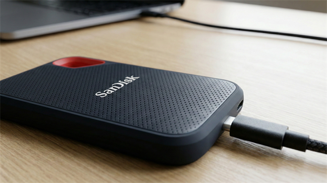 SanDisk external SSD plugged into a laptop, highlighting rising demand for fast local storage in Edge AI devices.