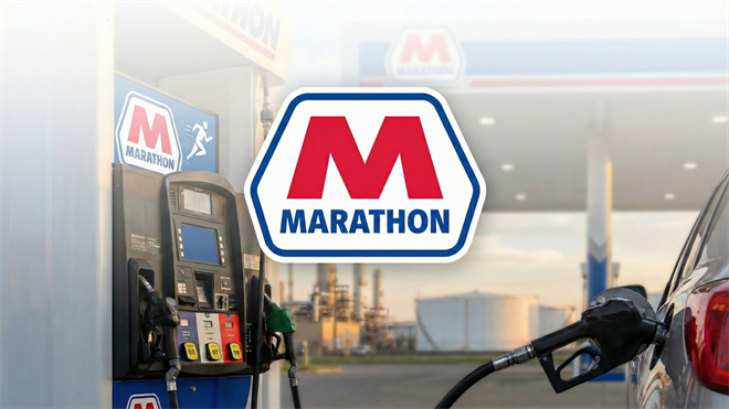 Marathon Petroleum gas pump with large Marathon “M” logo, car refueling, refinery blurred behind.