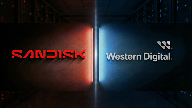 Split data-center graphic with SanDisk red logo left and Western Digital blue logo right, AI storage theme.