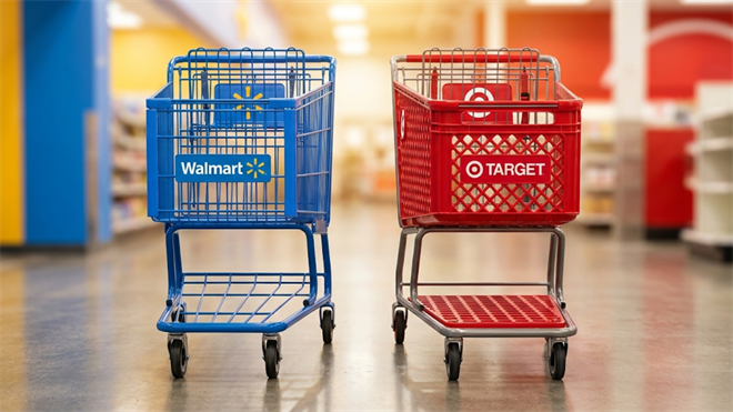 Walmart and Target shopping carts side by side in a store aisle, highlighting retail competition.