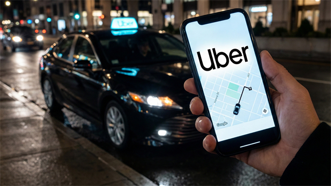 Hand holds a phone with the Uber app on-screen beside an Uber car at night, highlighting ride-sharing demand.