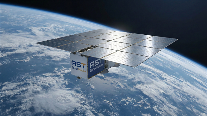 AST SpaceMobile satellite in low Earth orbit with large solar panels, Earth’s clouds and curvature below.