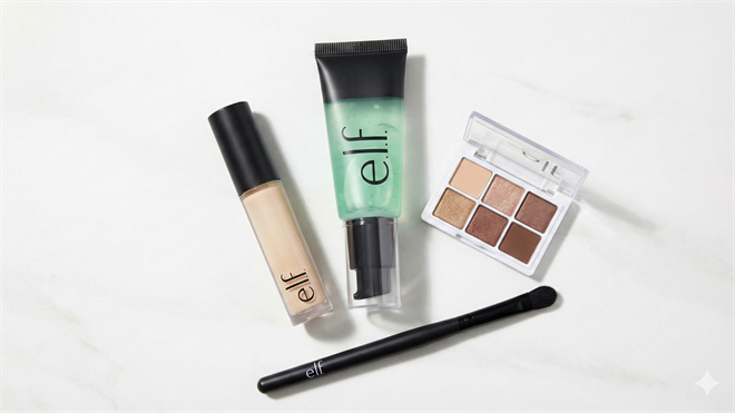 e.l.f. Beauty makeup products on a white surface, illustrating strong cosmetics demand and upbeat guidance.