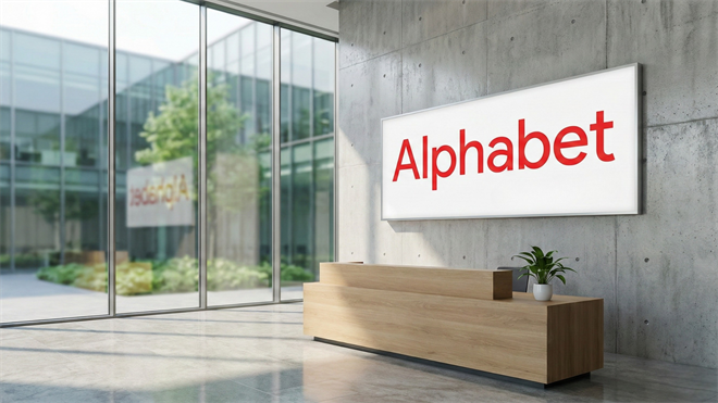 Alphabet logo displayed at corporate headquarters as Google parent beats earnings forecasts and surpasses $400 billion in annual revenue.