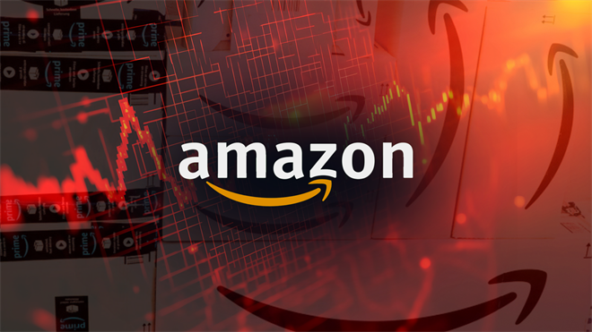 Amazon logo over red market chart and shipping boxes, highlighting AMZN stock volatility and earnings focus.