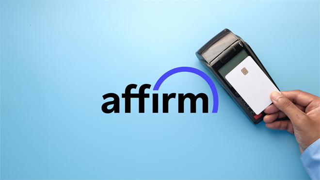 Affirm logo beside card reader as a hand taps a payment card, symbolizing buy-now-pay-later checkout.