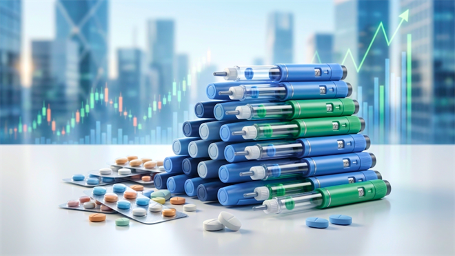 GLP-1 injection pens and tablets on a desk with rising market chart, highlighting obesity drug demand and pharma stocks.
