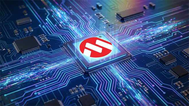 Microchip Technology logo on a semiconductor chip, highlighting AI-driven demand and chip stock outlook.