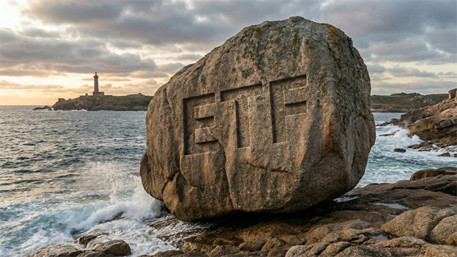 Rock carved with “ETF” on a stormy shoreline, waves crashing nearby and a lighthouse in the distance.
