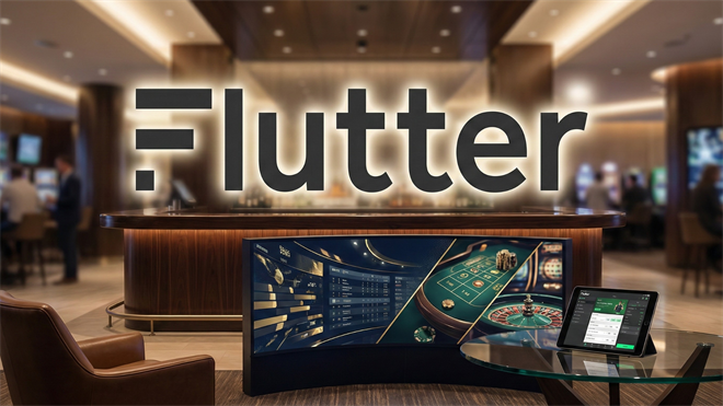 Flutter Entertainment branding over a casino-style sportsbook setting with betting screens and a tablet showing an online wagering interface.