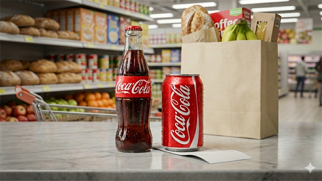 Coca-Cola bottle and can at a grocery checkout, highlighting consumer staples.