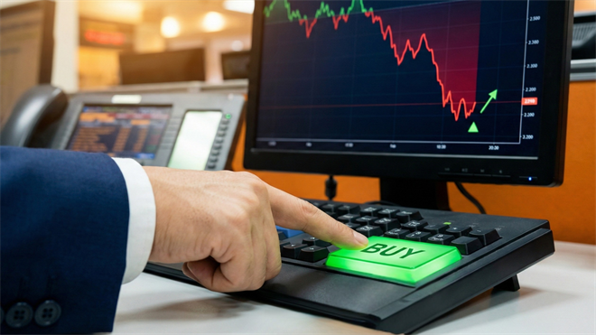 Trader presses buy button as stock chart rebounds, signaling contrarian buying amid sector rotation and pullback risks.