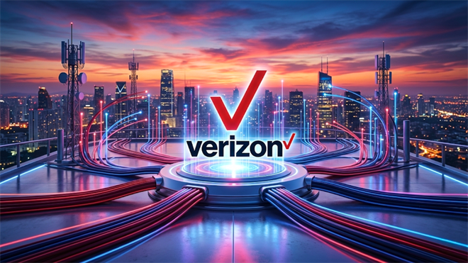 Verizon logo over city 5G network lines at sunset, highlighting telecom infrastructure investment and dividend returns.