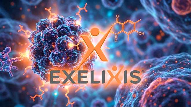 Exelixis logo over cancer cell and molecule graphic, spotlighting biotech oncology pipeline and EXEL stock.