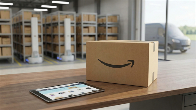Amazon-branded shipping box in a warehouse, highlighting Amazon stock oversold conditions and investor jitters.